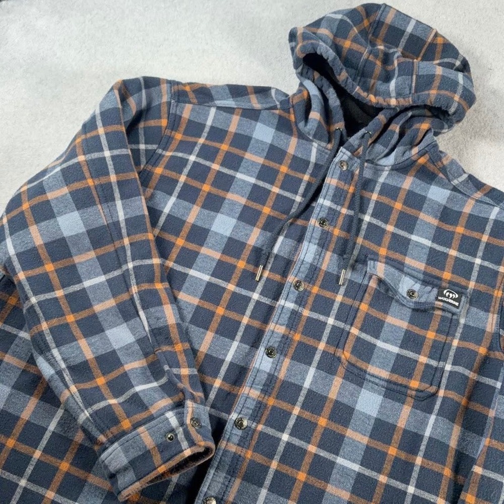 Wolverine Hooded Flannel Shirt Jacket Mens XXL Blue Plaid Fleece Lined Snap